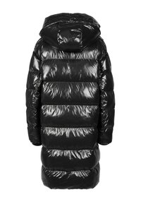 Czarna kurtka puchowa o błyszczącym wykończeniu, z kapturem, poziomym pikowaniem i elastycznymi mankietami dla wygodnego dopasowania.