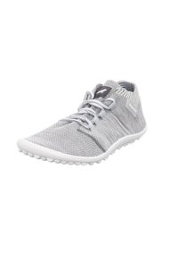 Gray athletic shoe with a breathable mesh upper, textured accents, white sole with rounded lugs, and flat laces. Low-profile design.