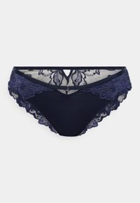 Mutandine blu navy con bordo in pizzo floreale a motivo ondulato, pannello centrale solido e un piccolo dettaglio ad anello decorativo nella parte anteriore.