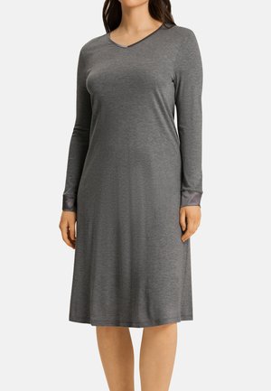 Long-sleeve, V-neck nightgown in a dark gray, soft fabric. Features a relaxed fit and contrasting cuffs at the wrists. Knee-length design.