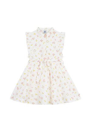 Weißes Blumenkleid mit kurzen Rüschenärmel, durchgeknöpft vorne und mit Taillengürtel. Verziert mit rosa und gelben Blumenmustern.