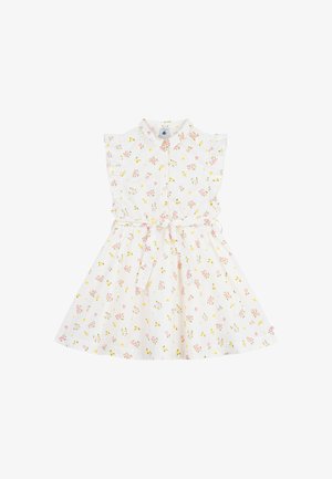 Vestito bianco a fiori con maniche corte arricciate, davanti con bottoni e vita con cintura. Caratterizzato da motivi floreali rosa e gialli su tutta la superficie.