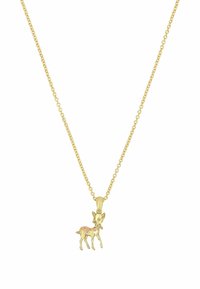 Collar de oro con un pequeño colgante de ciervo con acentos rosas. La cadena es fina y enlazada, lo que proporciona una apariencia delicada.