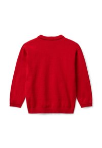 Roter Strickpullover mit langen Ärmeln, geripptem Kragen, Bündchen und Saum, von hinten auf einem weißen Hintergrund gezeigt.