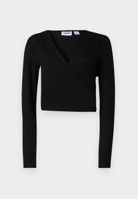 Svart kort omlottopp med långa ärmar, som har en djup V-ringning och slät textur. Minimalistisk design utan synliga detaljer eller mönster.