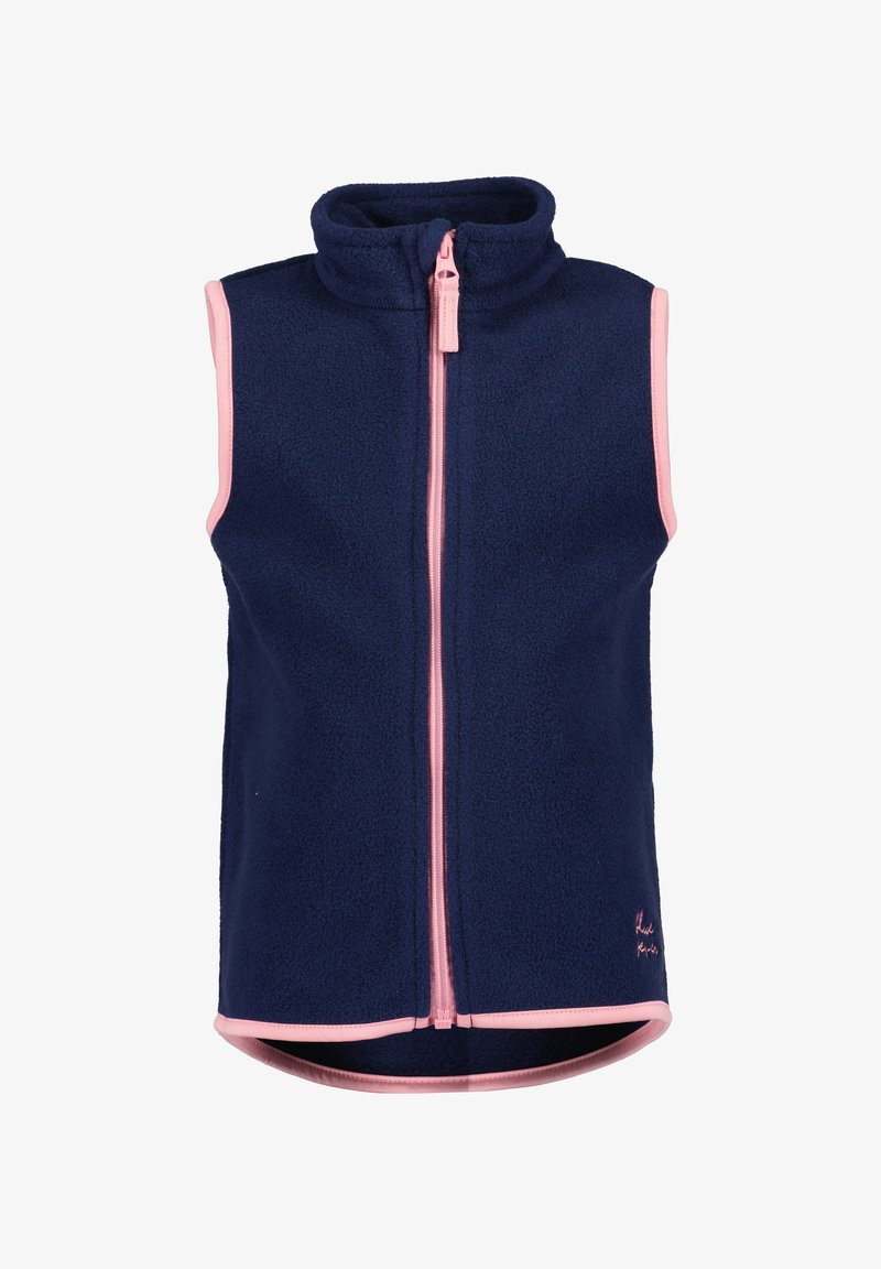 Marineblauw fleece vest met roze rits en biezen, hoge kraag, zonder mouwen en klein geborduurd logo rechtsonder.