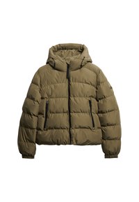 Olijfgroene pufferjack met capuchon, voorzien van een rits aan de voorkant, twee zijzakken en elastische manchetten, gemaakt van zachte, gevoerde stof.