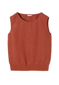 Blusa de color óxido hecha de tela ligera. Presenta un escote redondeado, diseño sin mangas y dobladillo elástico para un ajuste cómodo.