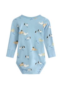 Kombinezon niemowlęcy z długim rękawem w jasnoniebieskim kolorze, zdobiony zabawnymi ilustracjami fok i maskonurów, wykonany z miękkiej bawełny o gładkiej fakturze.