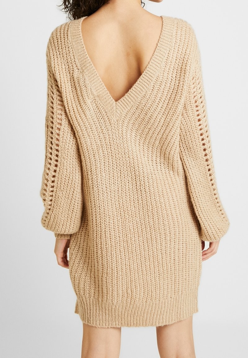 Beige Mid Length Jumper Dress Beige Ribbed Knit Ruffle Trim Midi Sweater  Dress  PinkBlush