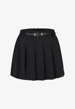 Fekete plöttyös szoknya, gyűrött gumis derékkal és vékony fekete övvel, aranyszínű csattal. Szőtt anyagból készült.