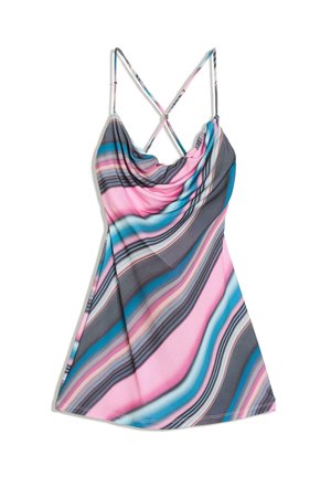 Mini-Negligé mit rosa, blauen, grauen und weißen diagonalen Streifen, mit dünnen, verstellbaren Kreuzträgern und einem drapierten Ausschnitt.