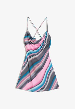 Mini-Negligé mit rosa, blauen, grauen und weißen diagonalen Streifen, mit dünnen, verstellbaren Kreuzträgern und einem drapierten Ausschnitt.