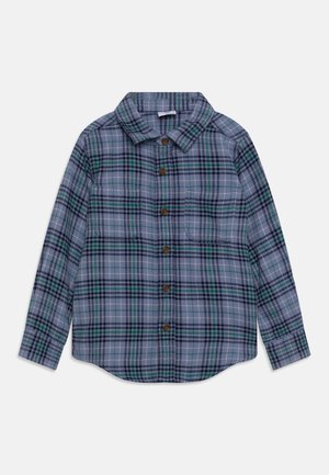 Langærmet skjorte med blå, grønne og sorte tern, knapper foran, krave og to brystlommer.