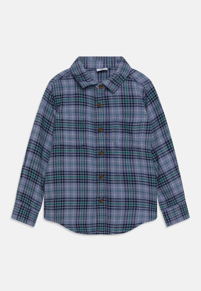 Chemise à manches longues à carreaux bleu, vert et noir, avec col et deux poches poitrine.