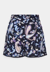 Dark blue shorts with a paisley pattern in light blue and pink. Features an elastic waistband and scalloped hem details.