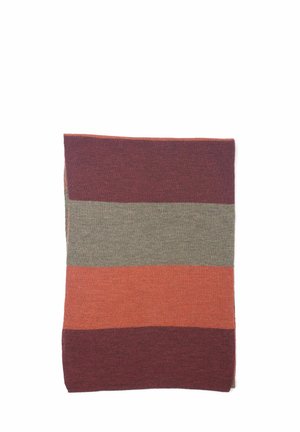 Geweven deken met vier horizontale strepen in diep rood, gedempt oranje, olijfgroen en een donkerder bordeauxrood; zachte textuur.
