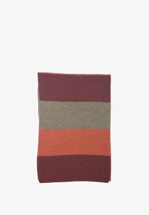 Couverture tissée présentant quatre bandes horizontales en rouge profond, orange atténué, vert olive et un marron foncé; texture douce.