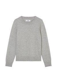 Jasnoszary sweter z okrągłym dekoltem wykonany z miękkiego materiału dzianinowego. Posiada długie rękawy oraz prążkowane mankiety i dół. Prosty, czysty design bez wzorów.