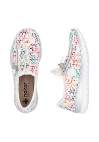 White sneakers with multicolor abstract pattern, textured upper, laces with metal accents, and cushioned sole for comfort.