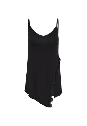 Schwarzes ärmelloses Slipkleid mit dünnen Trägern und asymmetrischem Saum, an einer Seite mit Spitze besetzt.
