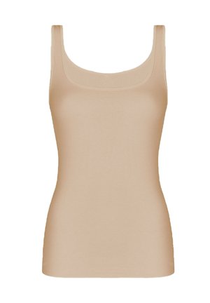 Beige sleeveless tank top with wide shoulder straps and a rounded square neckline.