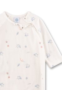 Witte katoenen rompertje met lichtblauwe en roze vogel- en bloemprints, met drukknoopsluitingen bij de hals en een zachte textuur.