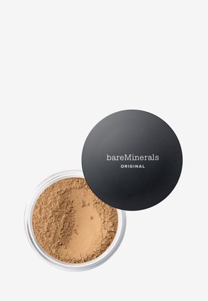 Lockere Mineralpuder in einem durchsichtigen Behälter mit einem schwarzen Schraubverschluss, beschriftet mit "bareMinerals ORIGINAL". Die Farbe ist ein warmer Beigeton.