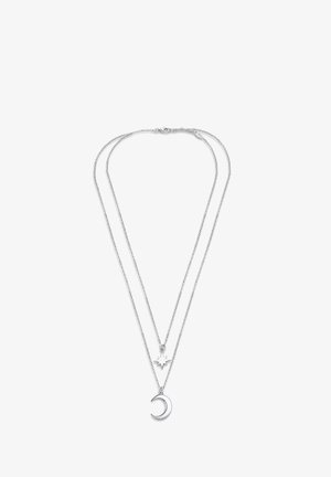 Silberne mehrschichtige Halskette mit zwei Ketten. Die erste Kette hat einen Anhänger in Form eines Halbmonds, und die zweite hat einen sternförmigen Anhänger.