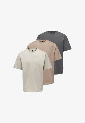 Drei Rundhalsausschnitt-T-Shirts in Beige, Hellgrau und Dunkelgrau; aus Baumwolle, kurzes Design, reguläre Passform, einfaches Design, Etikett an der Seite.