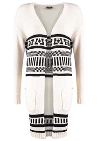 Long cardigan crème en maille avec des motifs géométriques noirs, devant ouvert, deux poches avant et manches longues.