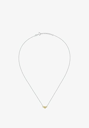 Silberne Halskette mit einem goldenen Akzent in der Mitte und runden Perlen auf beiden Seiten. Die Kette hat ein filigranes, strukturiertes Design.