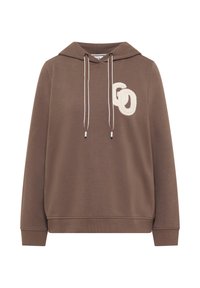 Sudadera con capucha marrón hecha de tejido suave, con un logotipo en crema en el lado izquierdo, cordones ajustables y puños acanalados.