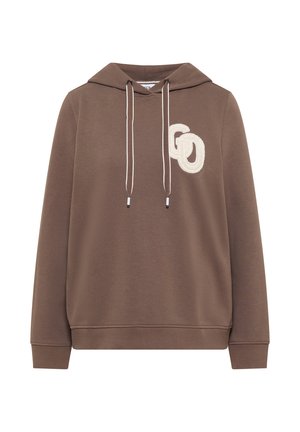 Bruine hooded sweatshirt gemaakt van zachte stof, met een logo in crème aan de linkerkant, verstelbare trekkoorden en geribbelde manchetten.