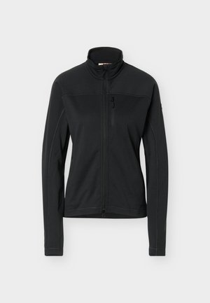 Čierna bunda s dlhým rukávom na celú zips, vysokým golierom a zipsovým vreckom na hrudi, zobrazená na jednoduchom svetlosivom pozadí.