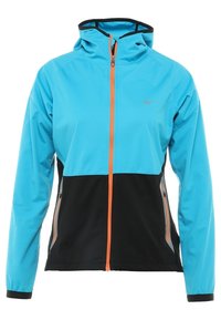 Lightweight jacket with a hood, featuring a bright blue upper section and black lower half. Includes orange zipper and side pockets.