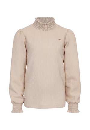 Beige gebreide trui met een hoge gerimpelde kraag, puffermouwen en gerimpelde manchetten. Bevat een klein hartlogo op de borst.