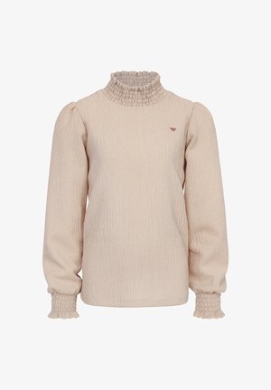 Beige strukturierter Pullover mit hohem Rüschensaumkragen, puffartigen Ärmeln und gerüschten Manschetten. Mit einem kleinen Herz-Logo auf der Brust.