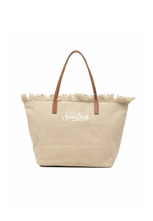 Borsa tote in tela beige con manici in pelle marrone, rifinitura a frange in alto e logo bianco "MC2 Saint Barth" centrato sul davanti.