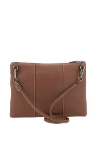 Borsa a tracolla in pelle marrone con finitura texture, dotata di chiusura con zip, strap regolabile e dettagli di cucitura a contrasto.