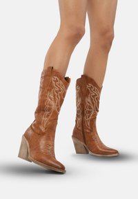 Botas de vaquero de cuero marrón con diseños bordados en blanco, punta afilada y tacones apilados, con cremalleras laterales para un uso fácil.