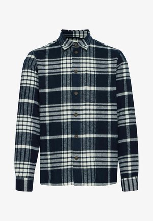 Cămașă în carouri bleumarin și alb, confecționată dintr-un material moale, prezentând un guler clasic, mâneci lungi și nasturi maro pe față.