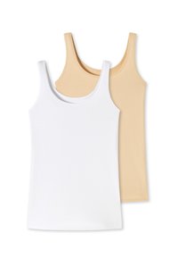 Twee tanktops: een witte en een beige. Beide zijn gemaakt van katoen, hebben een mouwloos ontwerp en geribbelde halslijn. Glad textuur.