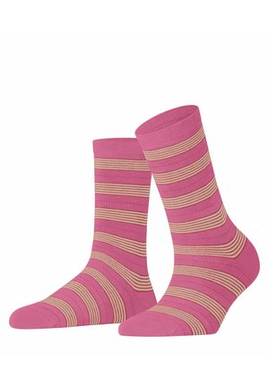 Chaussettes roses avec des rayures horizontales en crème et brun clair. Fabriquées en tissu lisse, elles disposent d'une bordure ribbed et d'un bout renforcé.