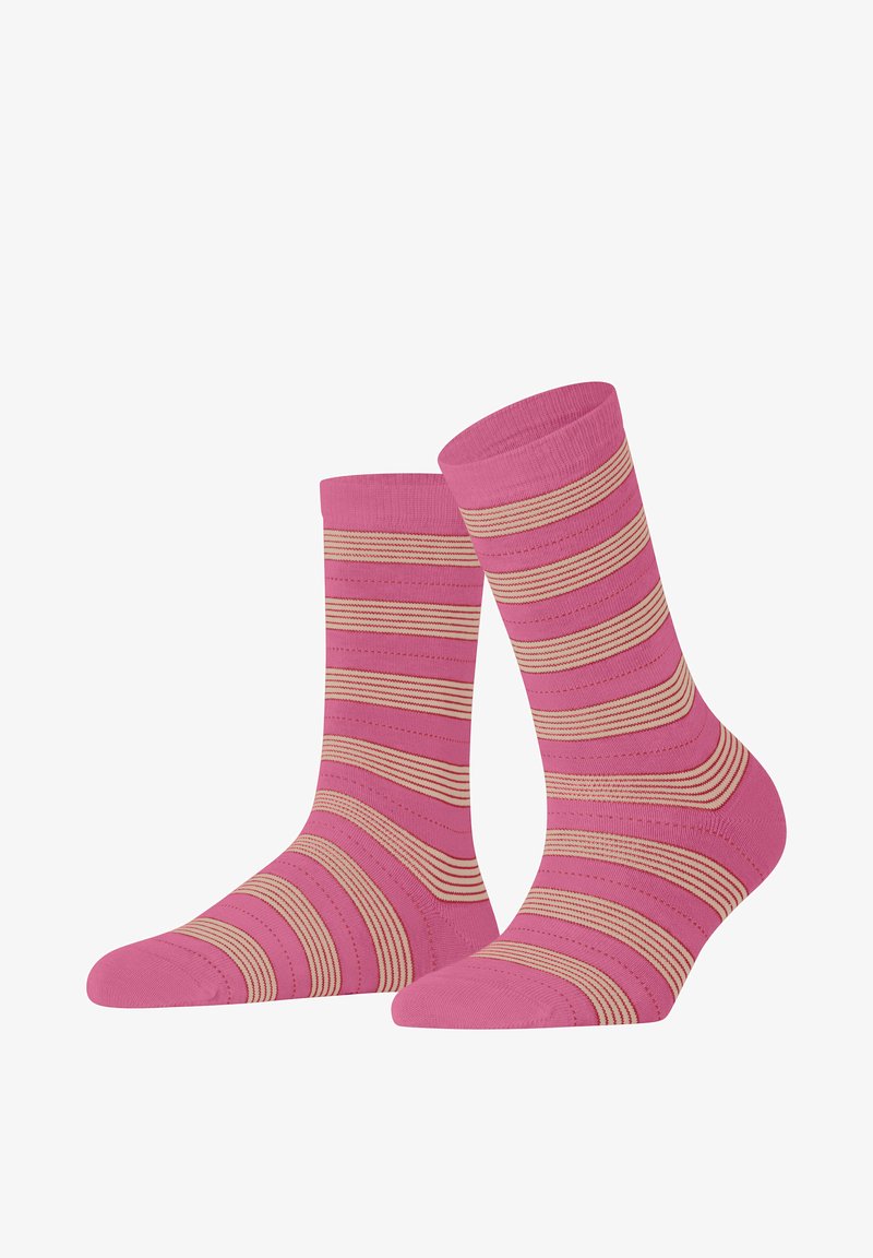 Rosa Socken mit horizontalen Streifen in Creme und Hellbraun. Aus glattem Stoff gefertigt, mit einem gerippten Bündchen und verstärktem Zehenbereich.