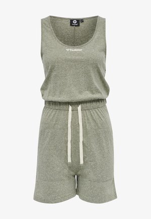 Olivegrünes Tanktop- und Shorts-Set aus strukturiertem Stoff, mit Rundhalsausschnitt, elastischem Bund und cremefarbenem Kordelzug.