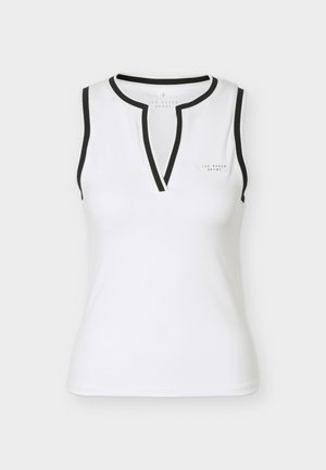 Balts sporta tops bez piedurknēm ar melnu apdari apkakles un roku atveru malās, ar mazu Ted Baker Sport logotipu krūtīs.