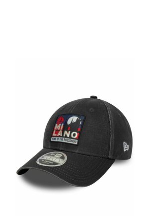 Black baseball cap with a structured design, featuring a patch that reads "MILANO" with embroidered accents and a curved brim.