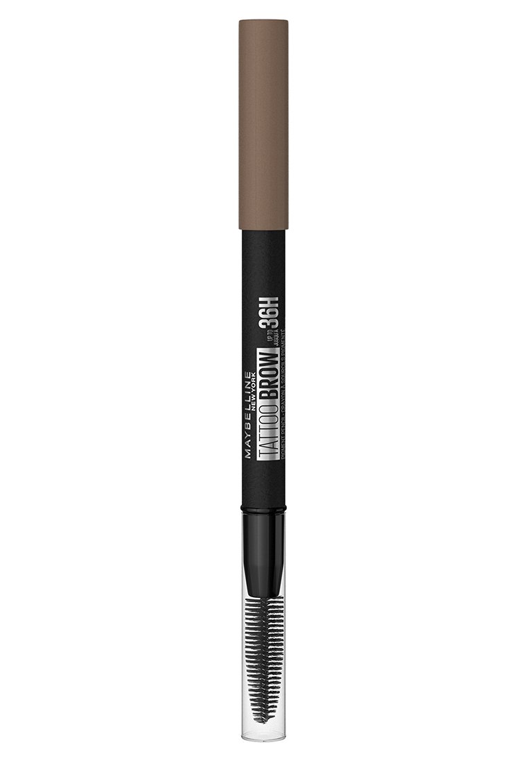 Matita per sopracciglia Tattoo di Maybelline con un cappuccio marrone, base nera e punta del pennello trasparente con setole sottili per la definizione. Contiene dettagli del marchio.