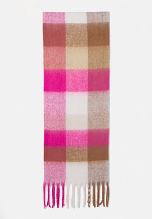 Écharpe tissée présentant un motif à carreaux rose, crème, marron et beige avec des bords frangés. Texture douce et forme rectangulaire.